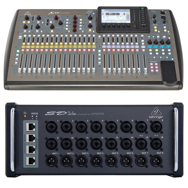 Behringer X32 Digitalmischpult mit abgebildeter Anschlussbox